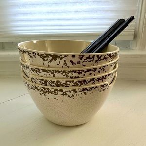 Tommy Bahama Melamine Set of 4 Ramen Bowls with Chopsticks Rustic Crackle White